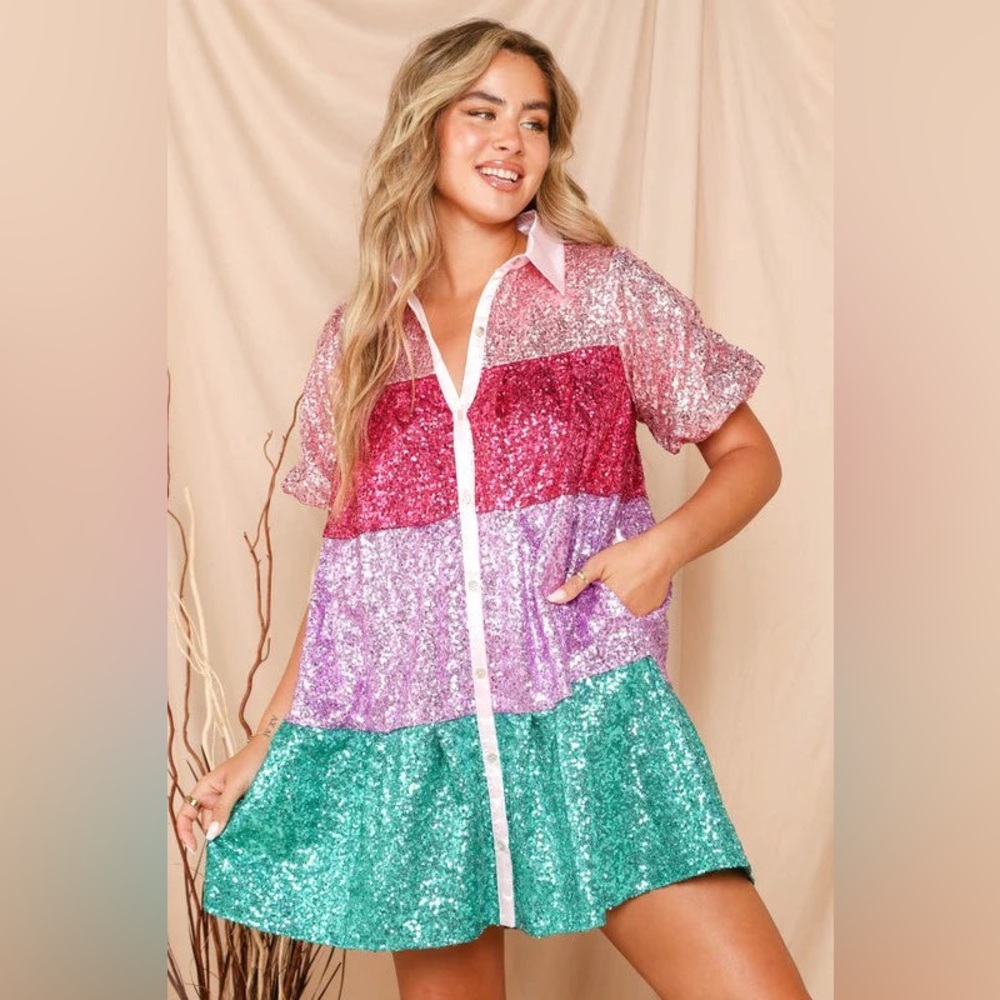 Peach Love California pink colorblock sequin dress